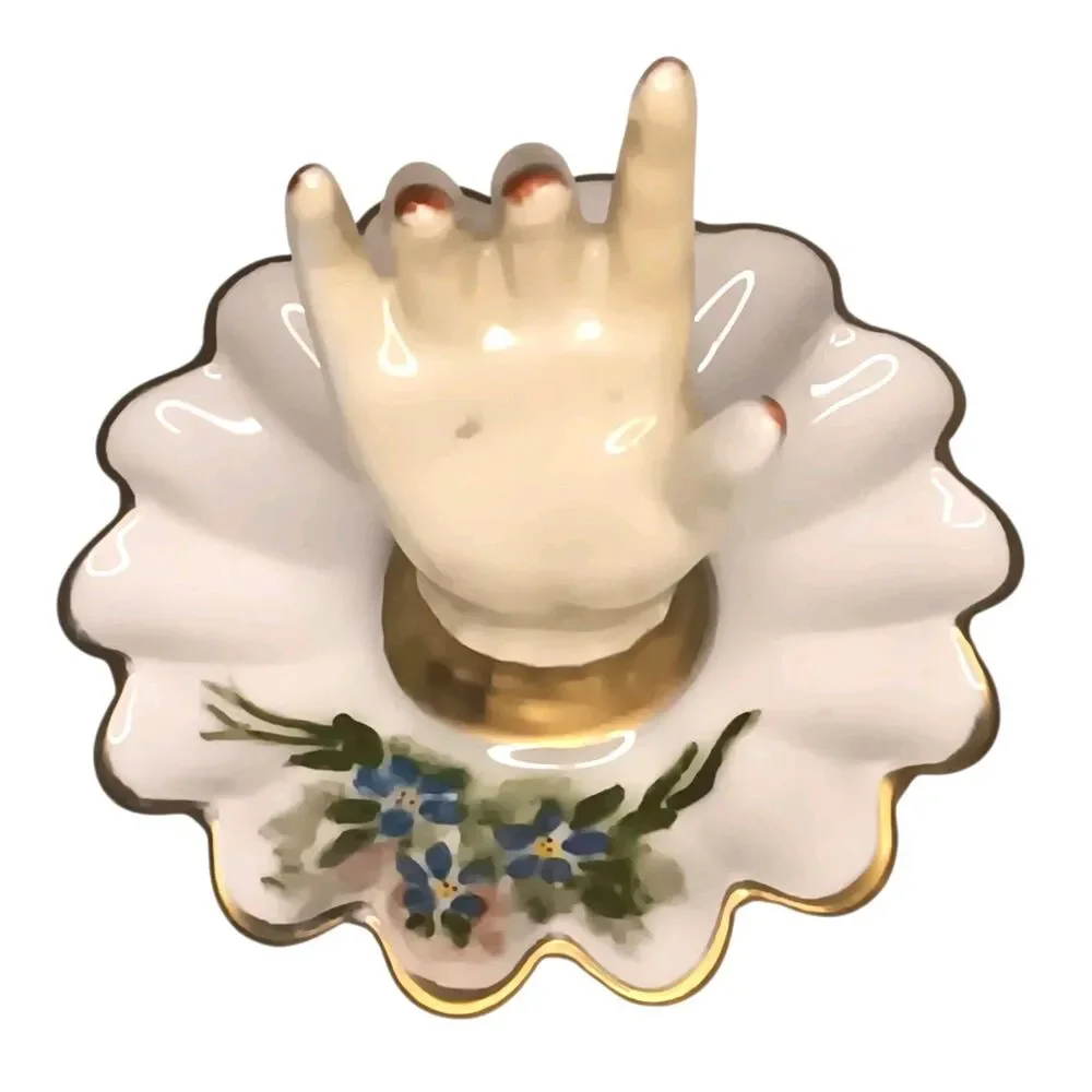 Vintage 1967 Miniature Porcelain Hand Painted Ring Holder Dish Blue Flowers 3.5